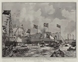 Le lancement du nouveau cuirassé Queen à Devonport, le navire à flot